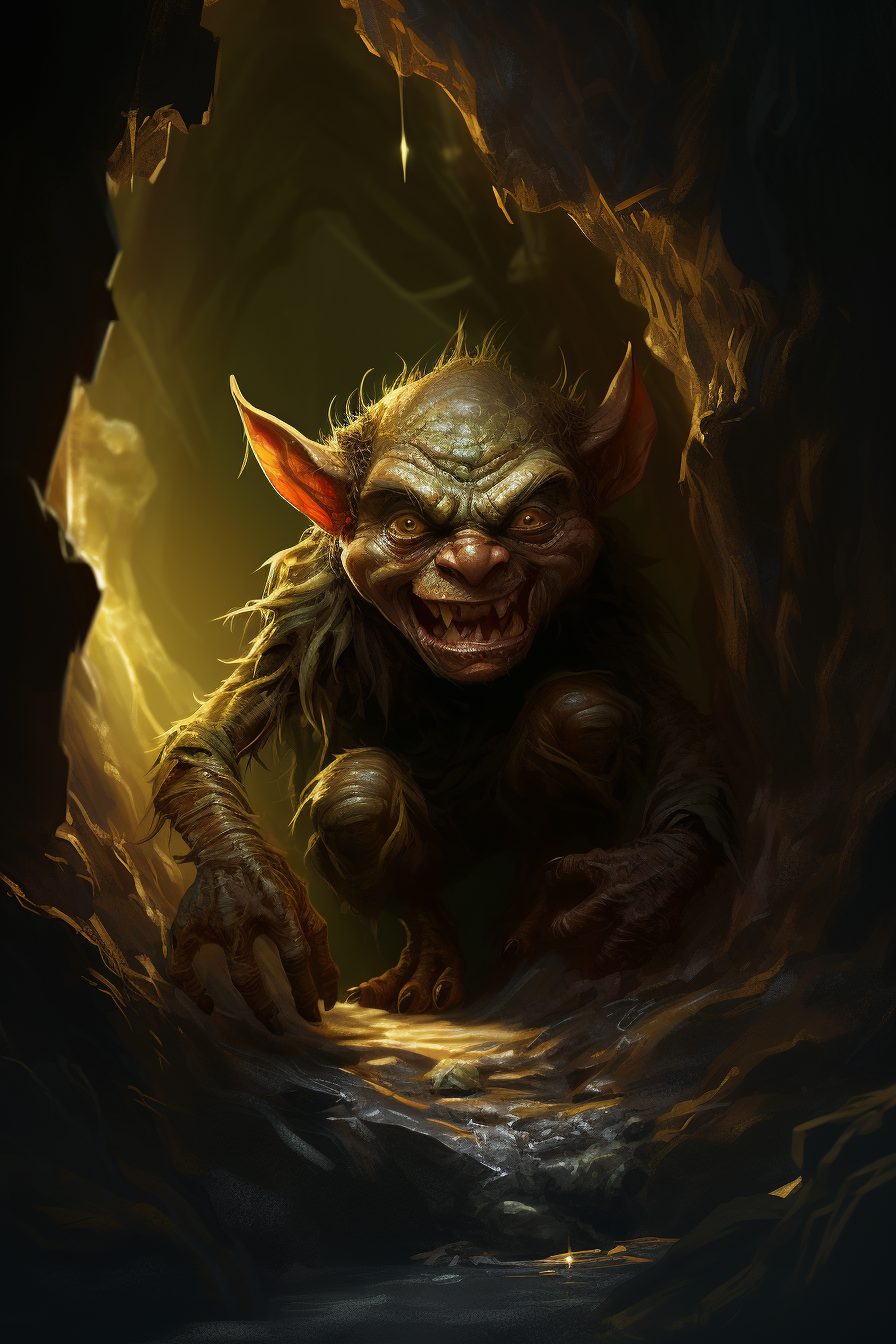 A digital illustration of a goblin in a cave. The goblin has long pointy ears, sharp teeth, and fur. The goblin is reaching out with its claws. The cave is dark and has stalactites hanging from the ceiling. The image has a dramatic and ominous mood.