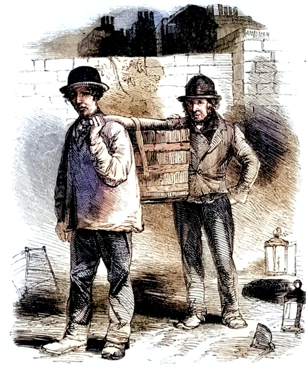 An illustration that shows two men standing in front of a brick wall. One man is wearing a bowler hat and a jacket, while the other man is wearing a suit and a bowler hat. One of the men is carrying a large crate on his back.