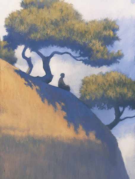 A painting of a person sitting on a hill under a tree, enjoying the view of the sky. The painting is done in a blue and yellow color palette, creating a contrast between the warm and cool tones. The person is sitting on a hill with their back to the viewer, wearing a white shirt and blue pants. The hill is covered in yellow grass and there are two trees on the hill. The trees have green leaves and twisted trunks, adding some texture and movement to the painting. The sky is a light blue color with wispy clouds, giving a sense of depth and calmness. The painting has a peaceful and serene mood, inviting the viewer to join the person on the hill.