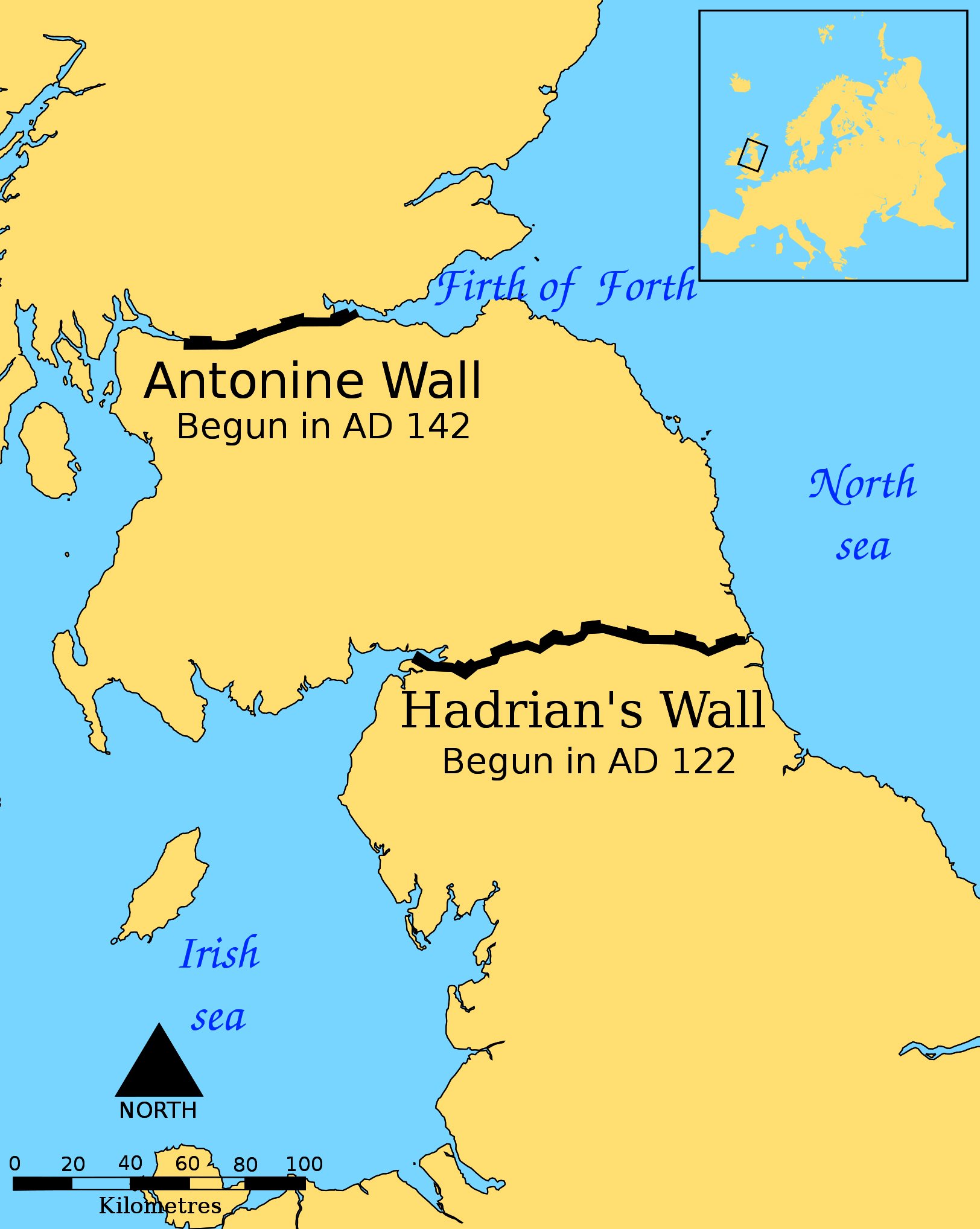 A map of the United Kingdom showing the locations of two ancient Roman walls, the Antonine Wall in Scotland and Hadrian’s Wall in England, both marked with black lines. The map has a blue and yellow color scheme, a scale, a compass rose, and an inset showing the location of the islands in Europe.
