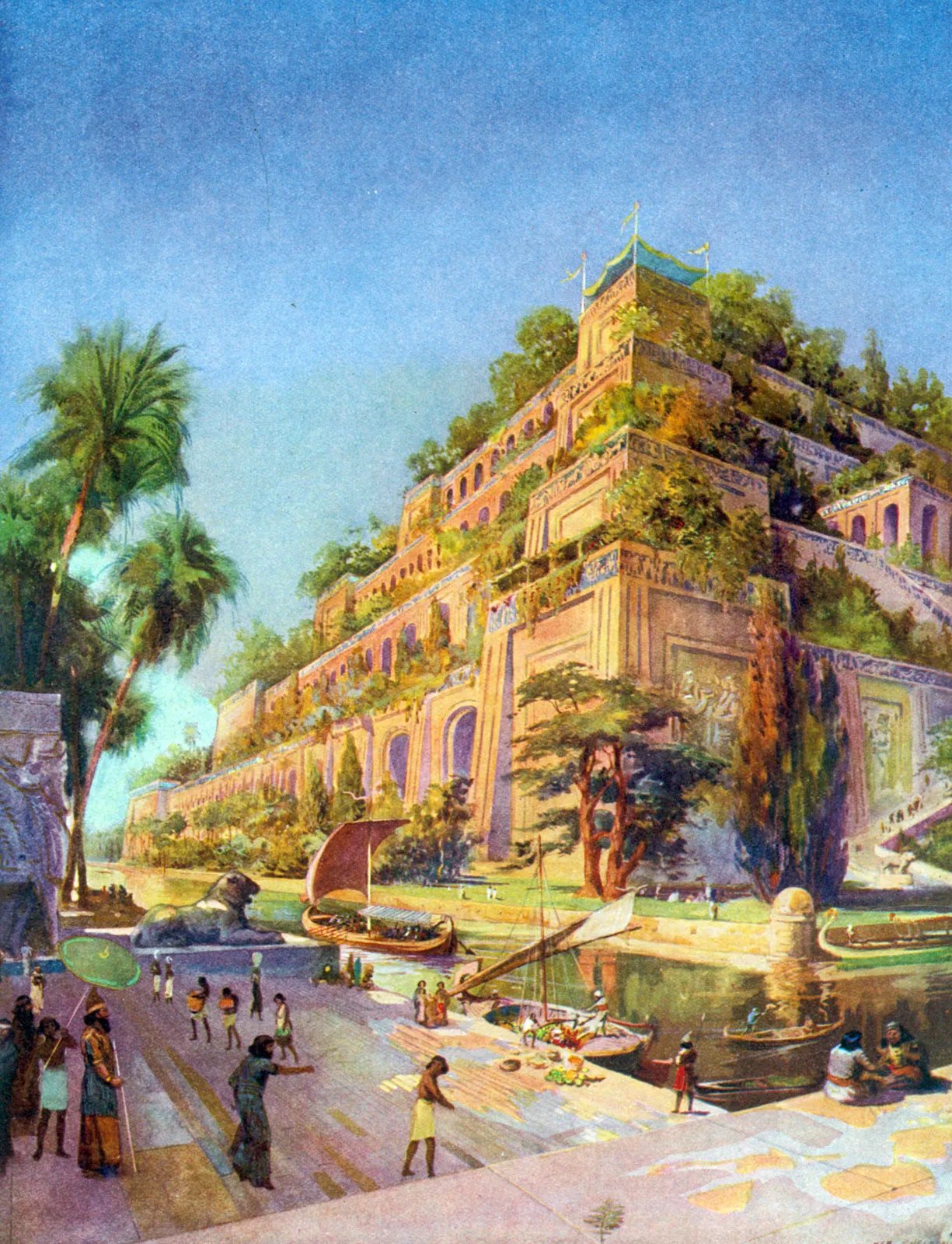 An illustration of an ancient wonder of the world, the Hanging Gardens of Babylon, which were built by King Nebuchadnezzar II in the 6th century BC for his wife Amytis. The image shows a majestic palace, made of stone and decorated with blue and gold elements and lush greenery. The palace has many arches, and is surrounded by lush gardens with different types of trees trees. The gardens are irrigated by a river that flows in front of the palace, where boats and people are sailing and enjoying the scenery. The sky is blue and the overall mood of the image is peaceful and idyllic.