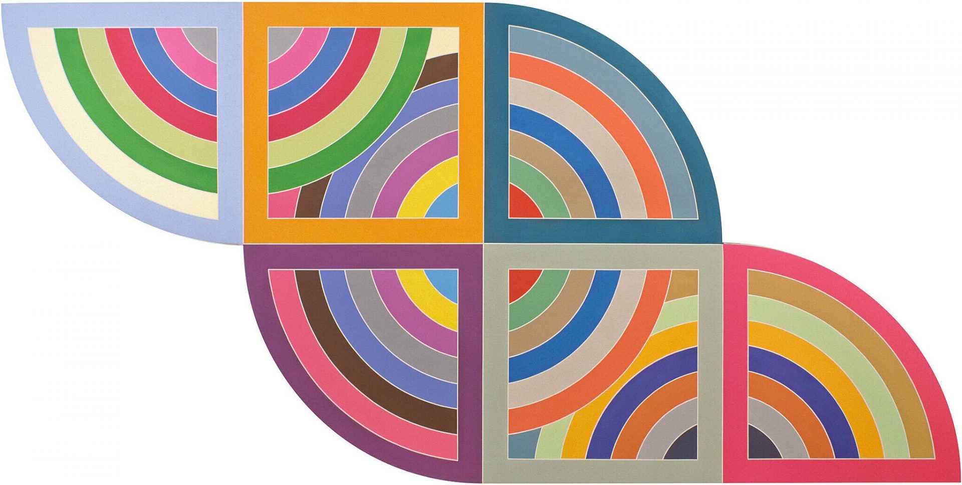 “Harran II” is a vibrant, abstract painting by Frank Stella, featuring interlocking protractor-inspired shapes filled with eight radiant, concentric rainbow bands. The bright bands are rendered in an intense mix of psychedelic acrylic and fluorescent pigments. Despite the circular illusion, the shapes are defined by intersecting straight lines, creating a grid-like pattern beneath the sweeping arcs.
