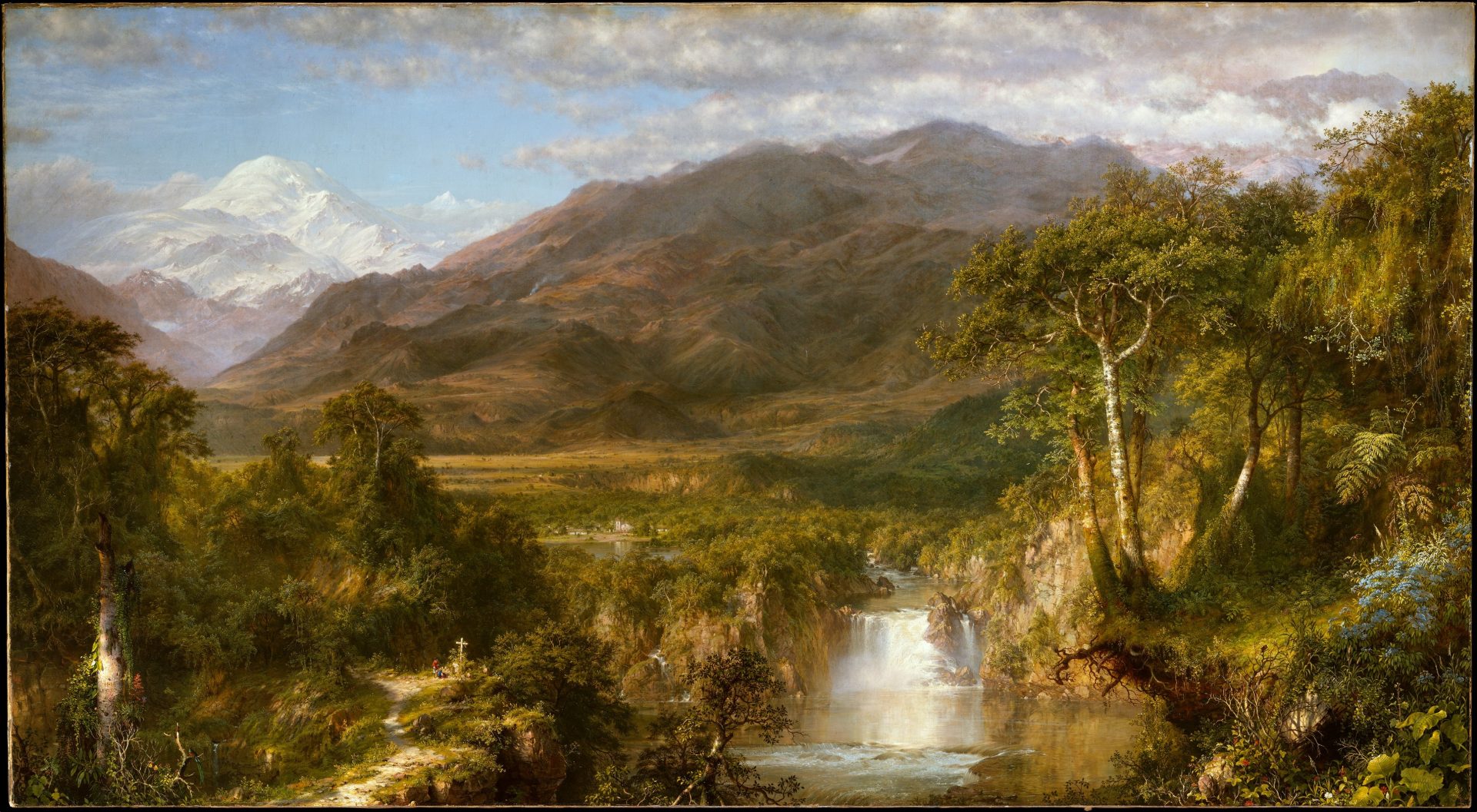 This is a vividly detailed painting of a rich, diverse South American landscape, with a waterfall feeding into a shimmering pool in the foreground. Sloping hills descend towards the distant, snow-capped Mount Chimborazo. A small hamlet with a Spanish-colonial church nestles in the central plain, while two individuals contemplate a crucifix nearby. A tree in the left forefront has the artist's signature carved into its bark.