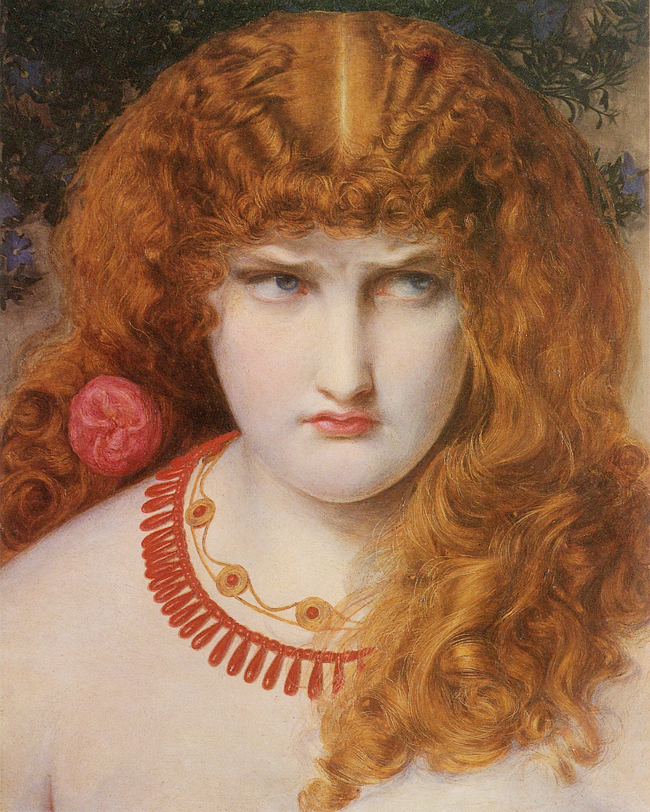 A painting of Helen of Troy with vivid red hair and a worried look on her face