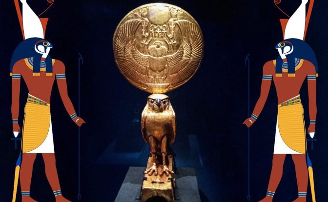 A collage of a statue of Horus in the form of a golden falcon with a sun disk on its head. The golden statue is flanked from both sides by two illustrations of Horus as a human with a falcon head.