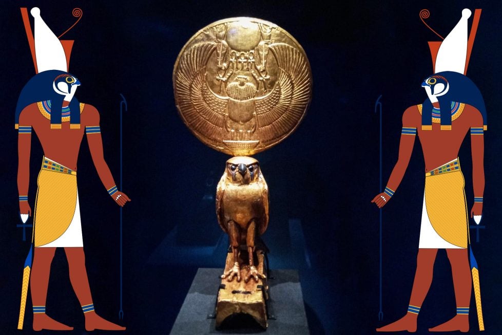 A collage of a statue of Horus in the form of a golden falcon with a sun disk on its head. The golden statue is flanked from both sides by two illustrations of Horus as a human with a falcon head.