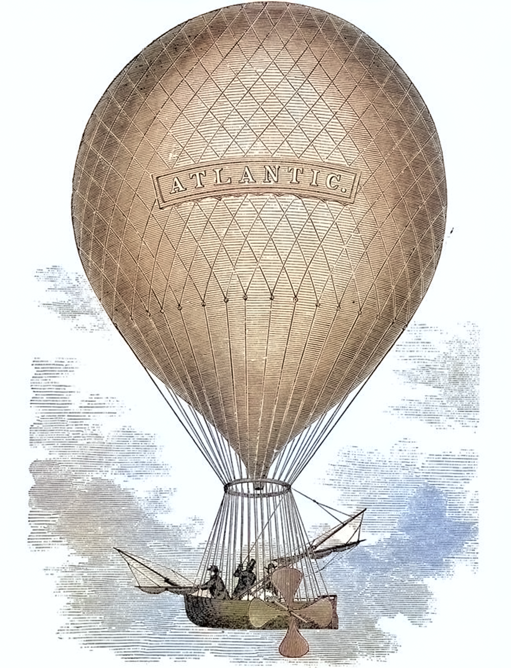 An illustration that shows a hot air balloon with a gondola suspended beneath it. The gondola has a propeller attached to it. The balloon is made of a light brown material. The gondola has two people inside. The balloon is flying high in the sky and there are clouds in the background.