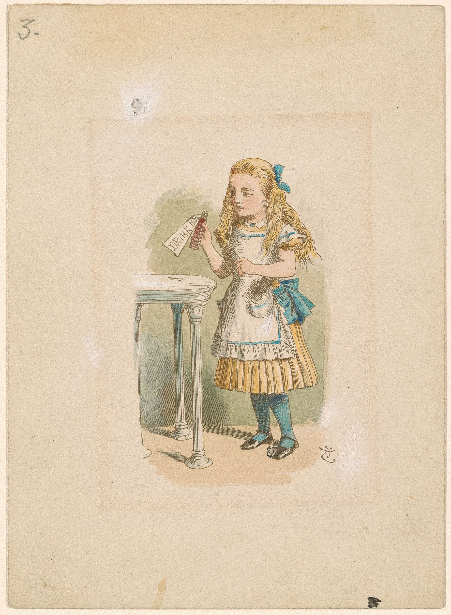 An illustration of Alice, a young child, holding a bottle with a "Drink Me" label attached to it.