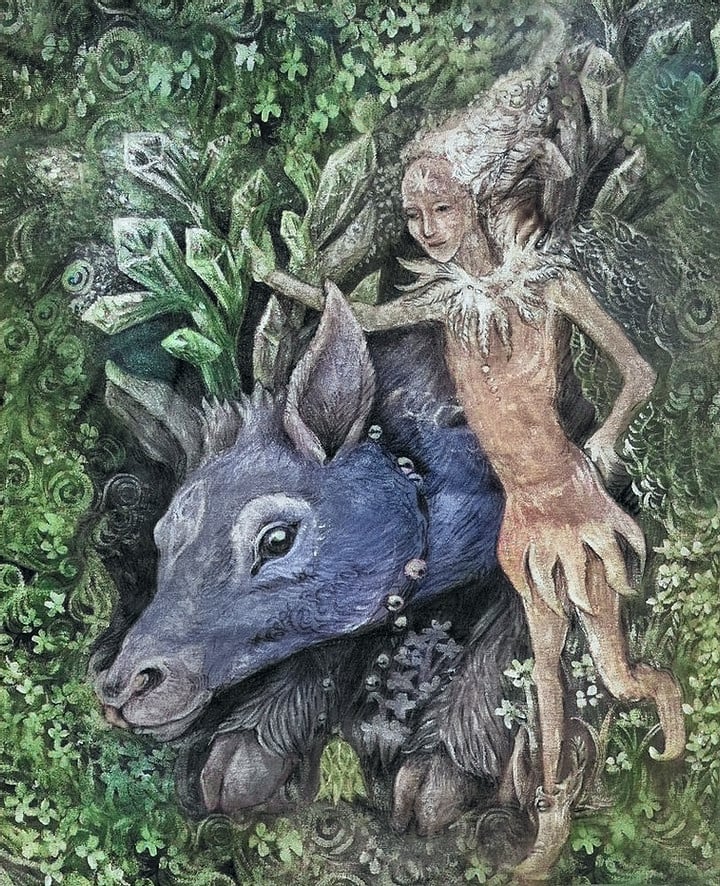 An illustration of a small elf and a deer in an abstract green forest. The elf is wearing a white hat, a brown coat, and brown boots.