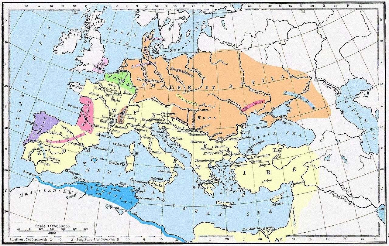 A map of the Empire of Attila and the Roman Empire in the 5th century AD, showing the extent and borders of both empires in different colors. The map is in English, with the title “The Empire of Attila and the Roman Empire” at the top. The map has a scale of 1:15,000,000 and a legend at the bottom. The map shows the Empire of Attila in orange, covering most of Central and Eastern Europe, as well as parts of Western Asia. The map shows the Roman Empire in yellow, divided into two parts: the Western Roman Empire in the west and the Eastern Roman Empire in the east. The map also shows the locations of major cities, such as Rome.