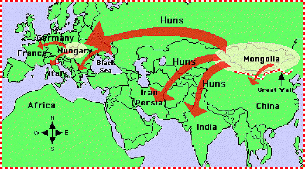 A map depicting the origins of the Huns in Mongolia and their movements throughout Asia and Europe.