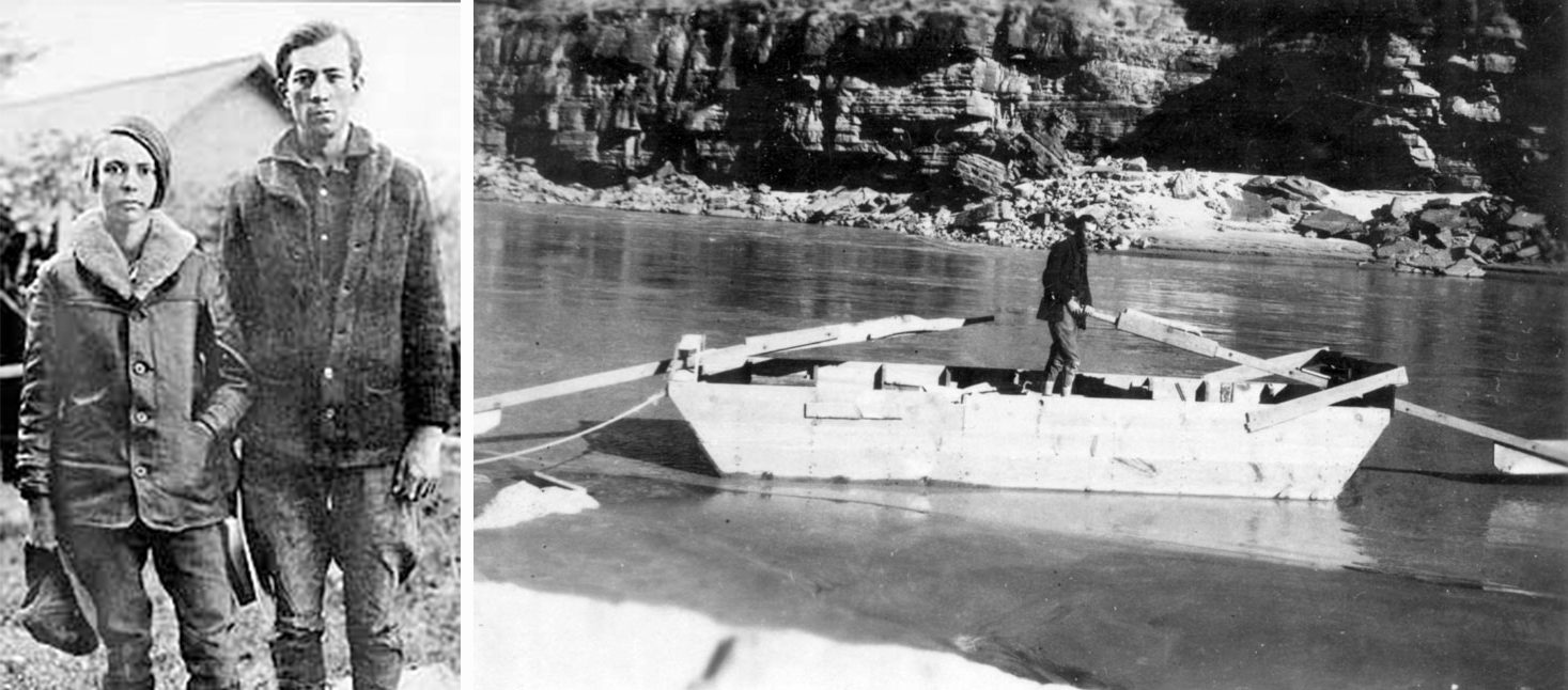 A photo collage of two photographs. One photograph is showing a man and a woman standing in a yard with a house in the background. Both are wearing jackets and pants. The other photograph shows a man in a crudely made boat floating in a small river.