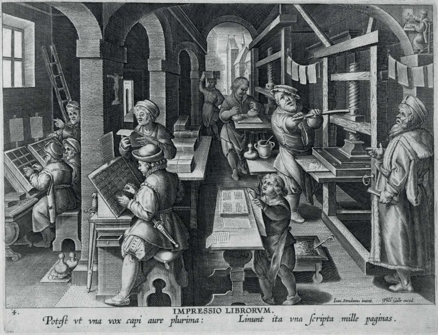 A 16th century print showing multiple people working in a renaissance period print shop.