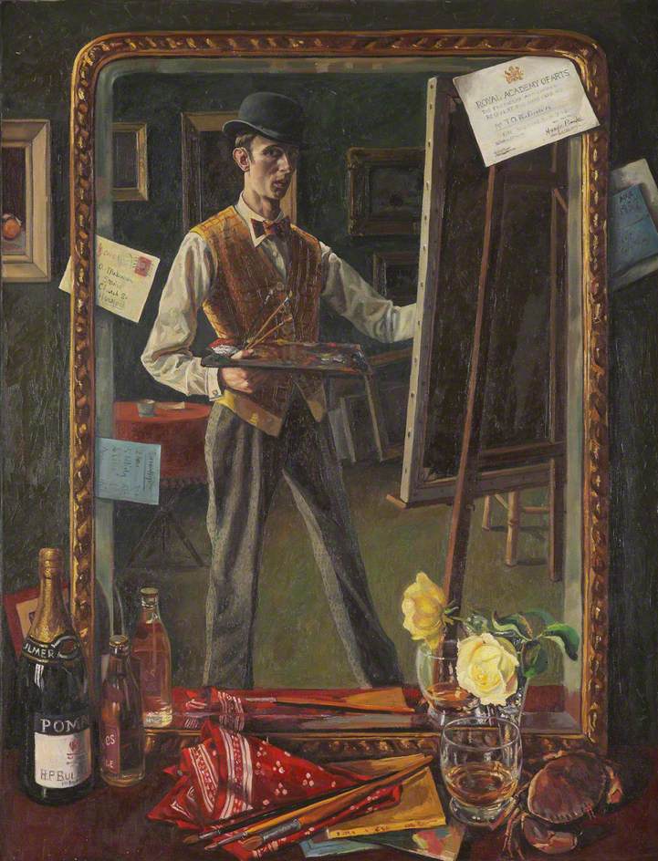 A man painting a self-portrait by looking in the mirror