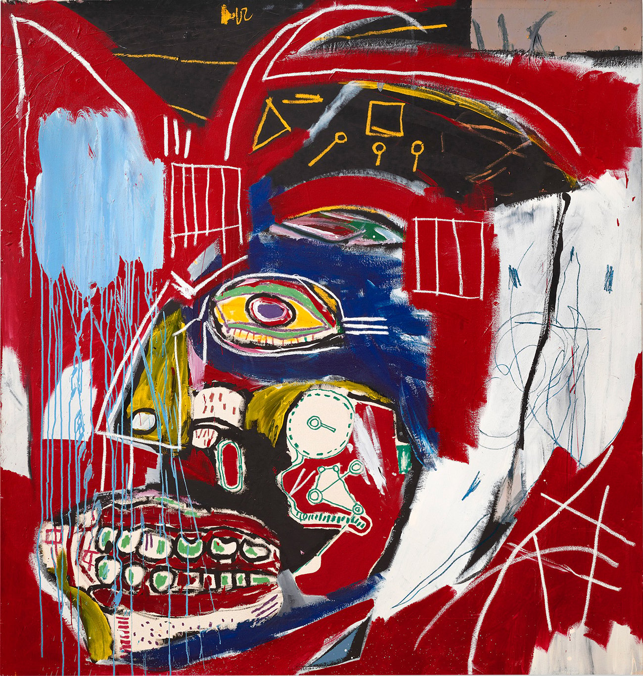 The painting shows a distorted and fractured skull with a single eye, set against a red and black background. The skull has various symbols and shapes on it, such as dials, arrows, and eyes, that may represent Basquiat’s thoughts and feelings about life, death, identity, and society. The painting is signed by Basquiat with his initials “Mz” in the top left corner.