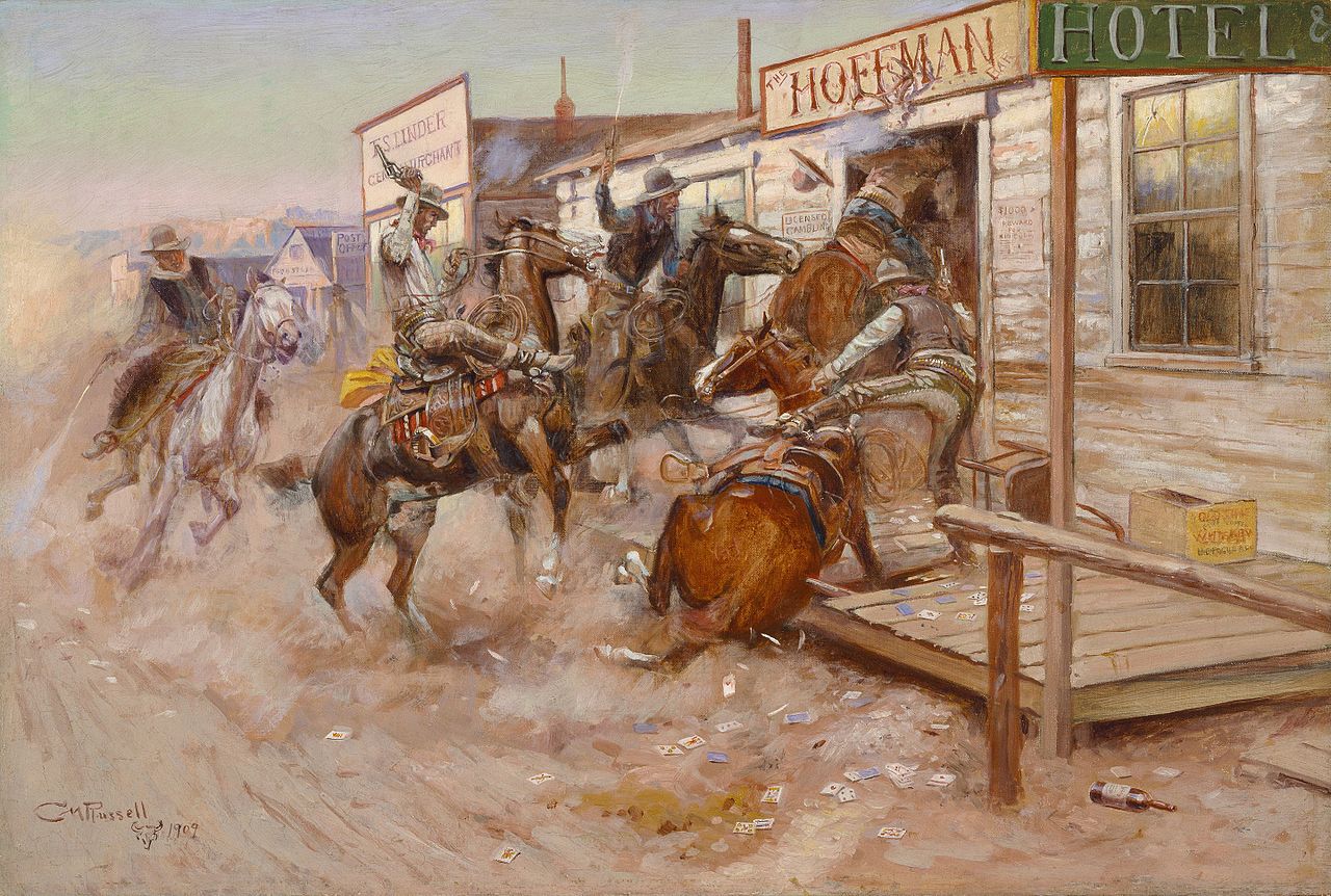 A vintage painting depicting energetic, mounted cowboys bursting into a wooden porch. The cowboy second from the left is particularly detailed, with a Montana short-brim peak hat, cuffed pants, and intricately-tooled saddle, possibly covered in rattlesnake skin, showcasing Mexican influences. The vivid, fearless horse breaking its forelegs through the porch embodies the action-packed moment.