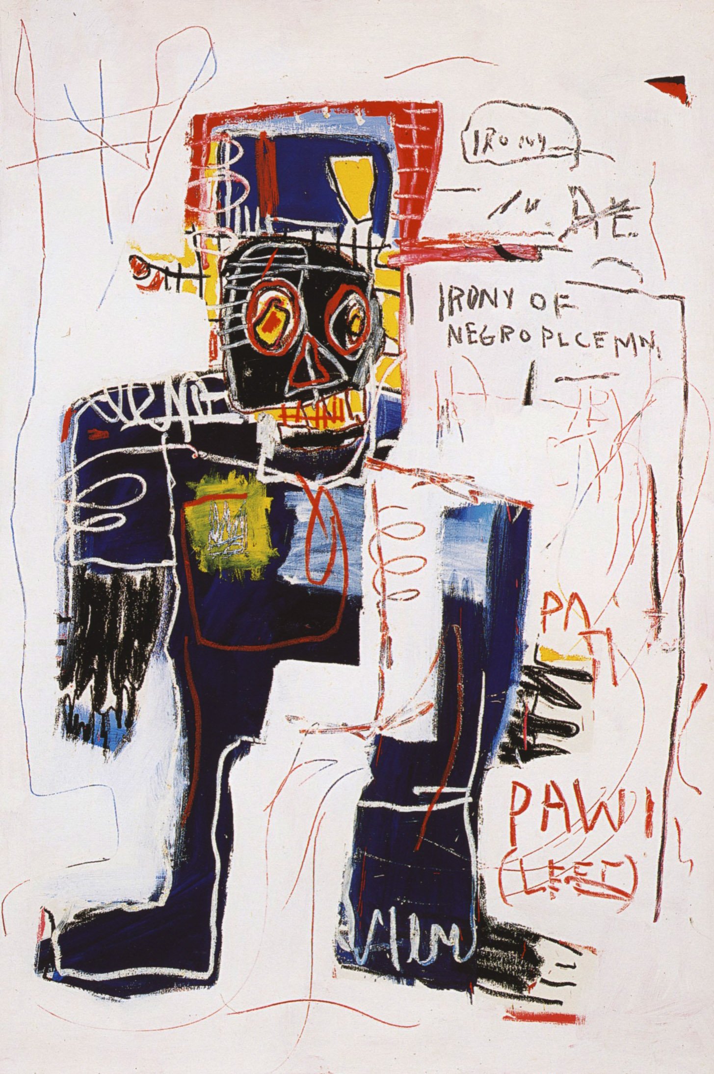 An abstract depiction of the “Irony of a Negro Policeman” by Jean-Michel Basquiat. The image features a Black policeman, whose face is reminiscent of a mask and wearing a hat that bears similarity to a cage. The phrase “IRONY OF NEGRO PLEMN”, is explicitly inscribed on the painting's right side. The word “Pawn” sits at the artwork's bottom right corner, indicating the role of the figure.