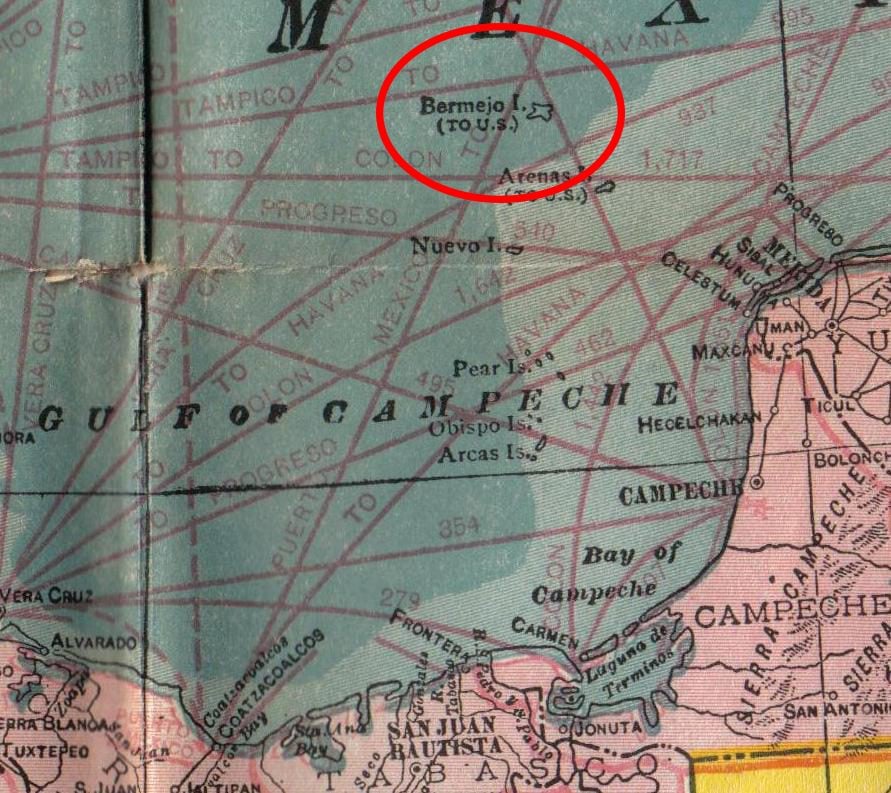 A photo of an old map of the Gulf of Mexico and the Caribbean Sea with a red circle around the island of Bermejo.