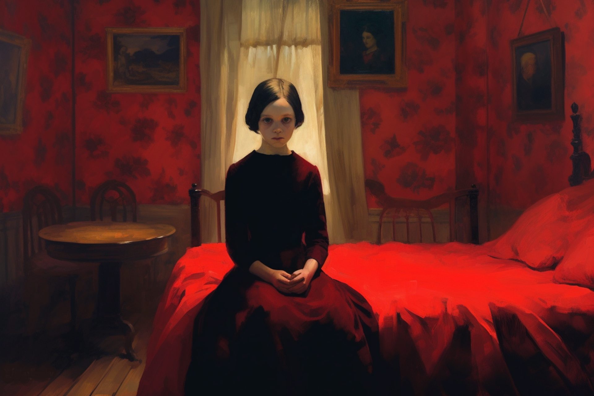 A sad-looking young girl wearing Victorian-era clothes is sitting on a red bed in a red room.