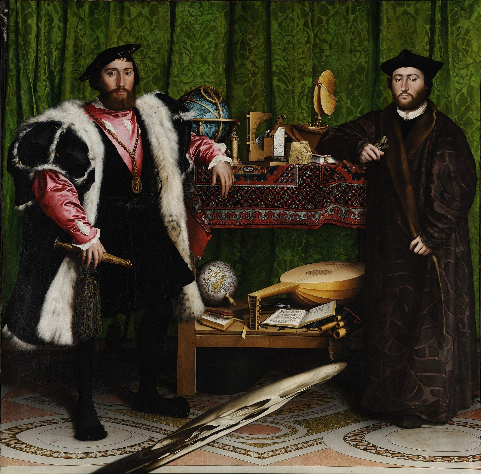 A painting with memento mori elements, depicting two prominent ambassadors from the renaissance period.