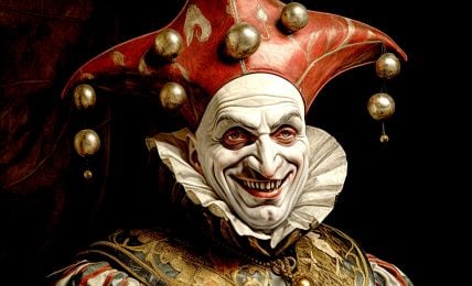 An illustration of a man wearing a jester costume with a red and gold jester hat, white face paint, and black eyebrows. He has a creepy smile on his face.