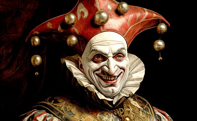 An illustration of a man wearing a jester costume with a red and gold jester hat, white face paint, and black eyebrows. He has a creepy smile on his face.