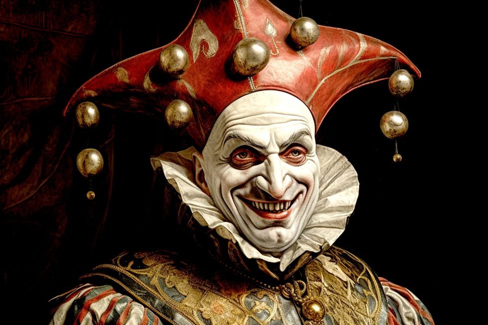 An illustration of a man wearing a jester costume with a red and gold jester hat, white face paint, and black eyebrows. He has a creepy smile on his face.