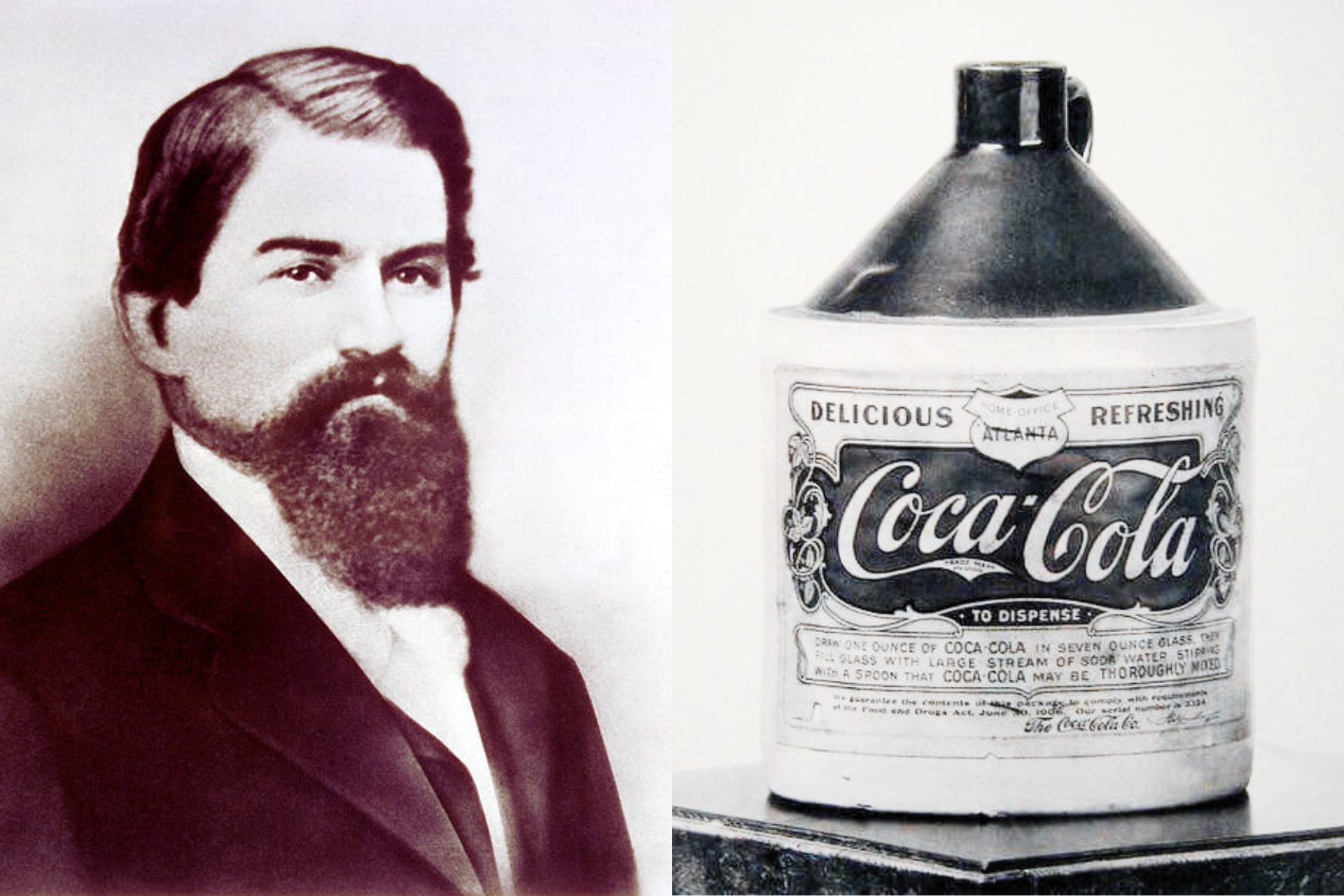 A side by side photo of John Pemberton, the inventor of Coca-Cola and the jug Coca Cola was first sold in