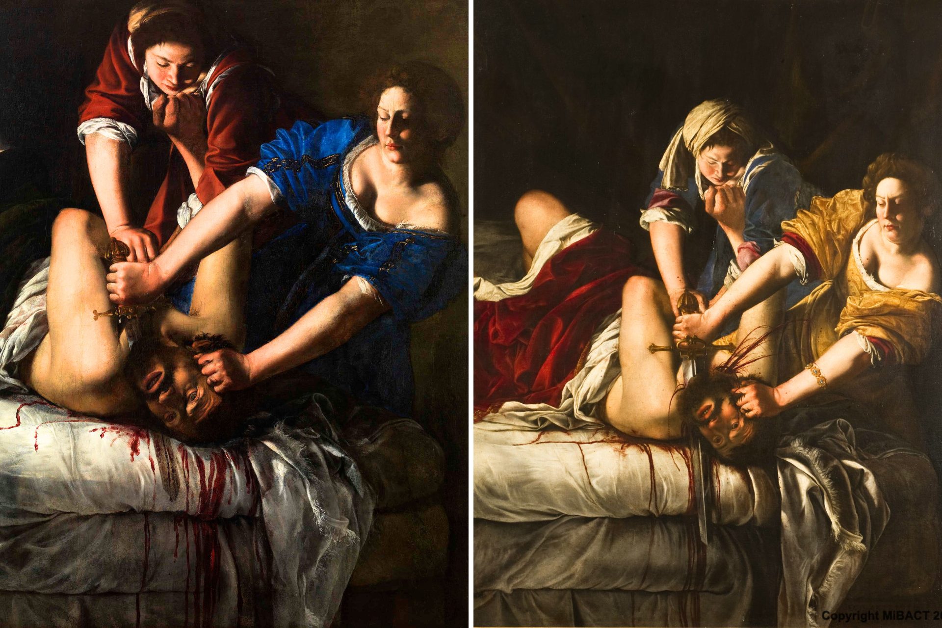 An image of two similar paintings by Artemisia Gentileschi. Each painting portrays the moment when Holofernes is being decapitated by Judith.