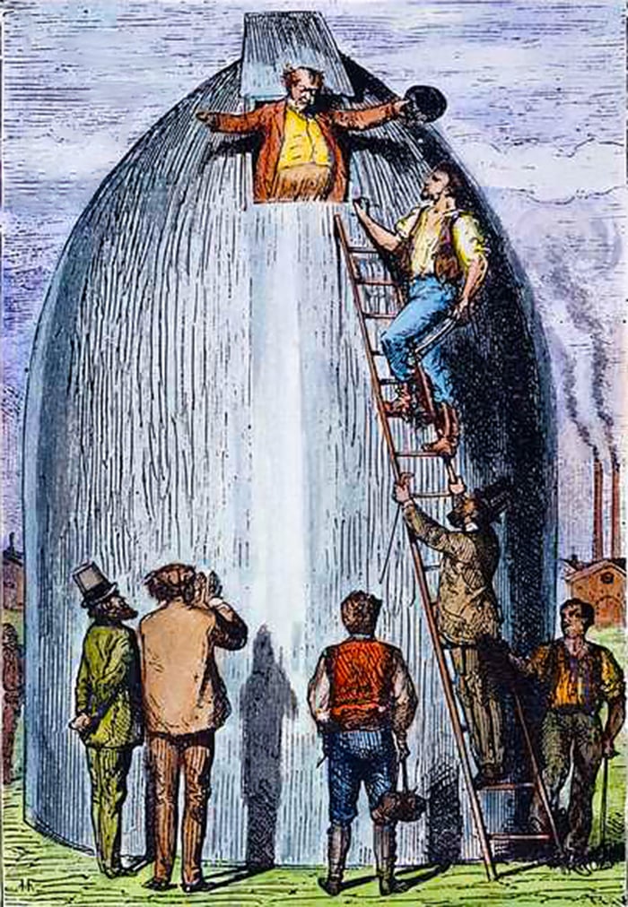 Man emerging from a space capsule, holding a hat and stretching out his arms, with onlookers surrounding the vessel equipped with a ladder and door.