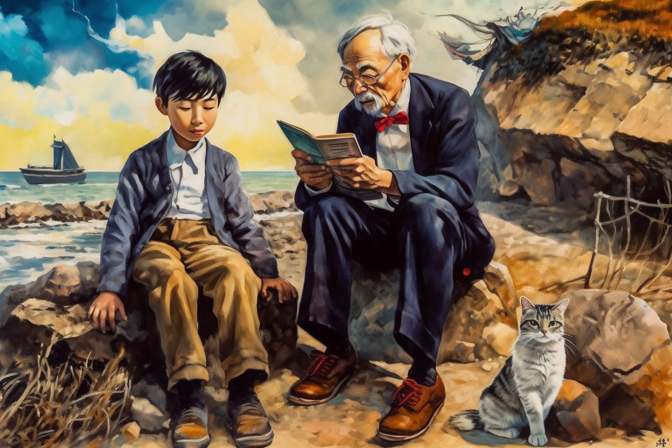 A boy sitting with an elderly man with gray hair, the man is reading to the boy, and a cat is sitting next to them
