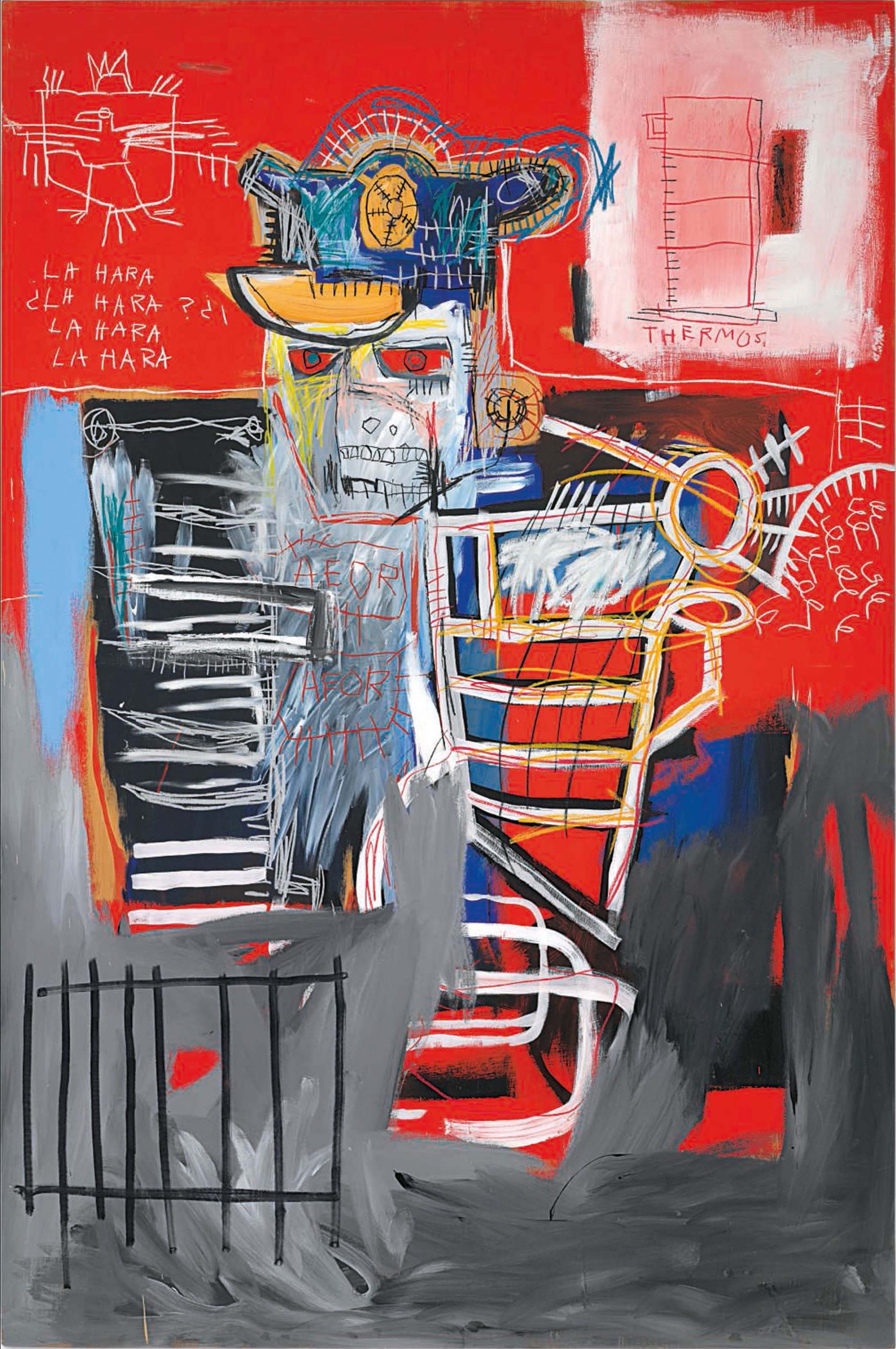 Jean-Michel Basquiat's 1981 painting “La Hara” featuring an intense, skeletal white figure against a bold red backdrop. A peaked cap sits atop the figure's head and “LA HARA” is scrawled multiple times on the left. The bottom section depicts gray steel bars, hinting at imprisonment. The artwork is filled with vivid colors and diagram-like elements, characteristic of Basquiat's style.