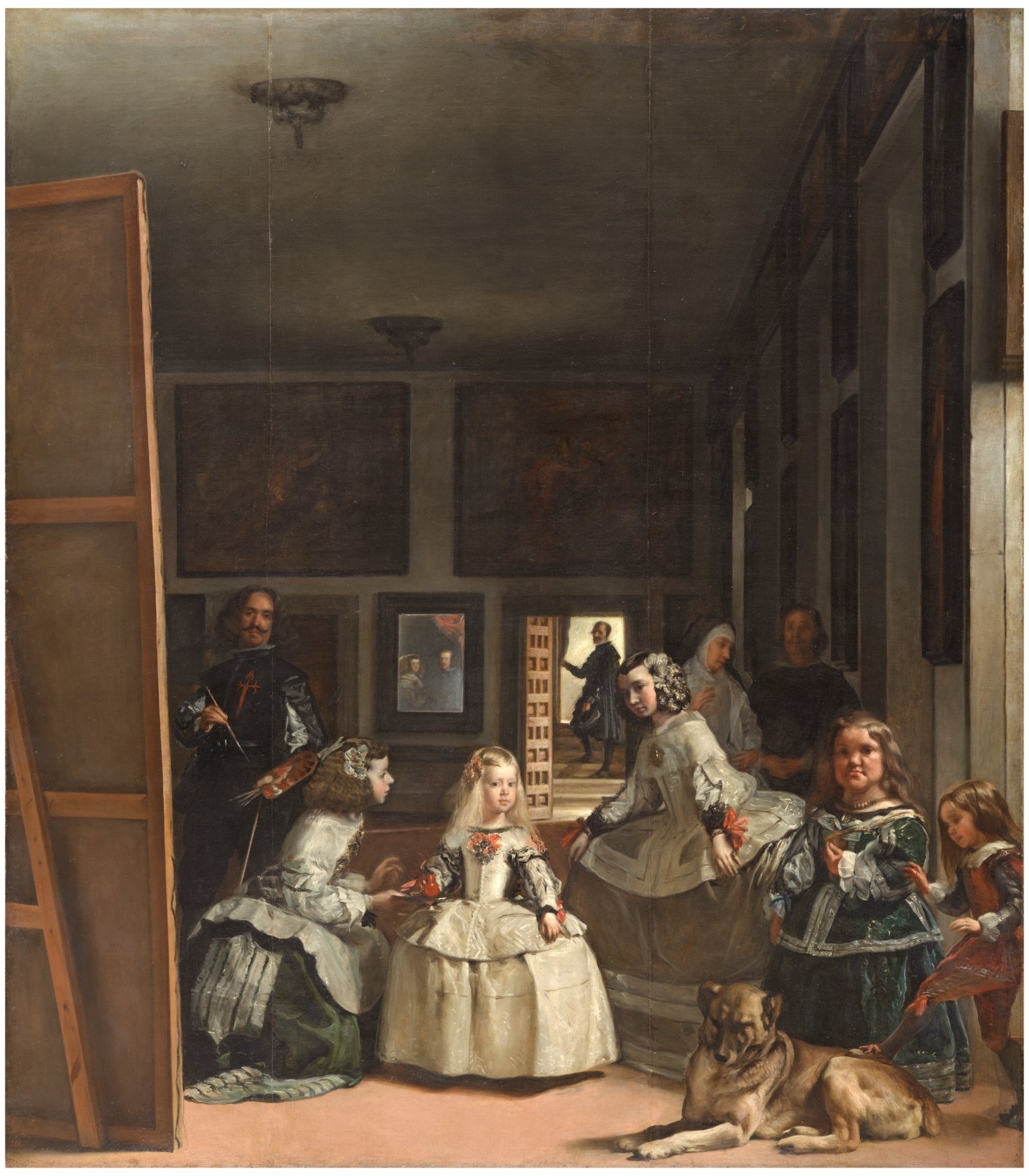 A painting of the five-year-old Infanta Margaret Theresa is surrounded by her entourage of maids, chaperone, bodyguard, two dwarfs and a dog.