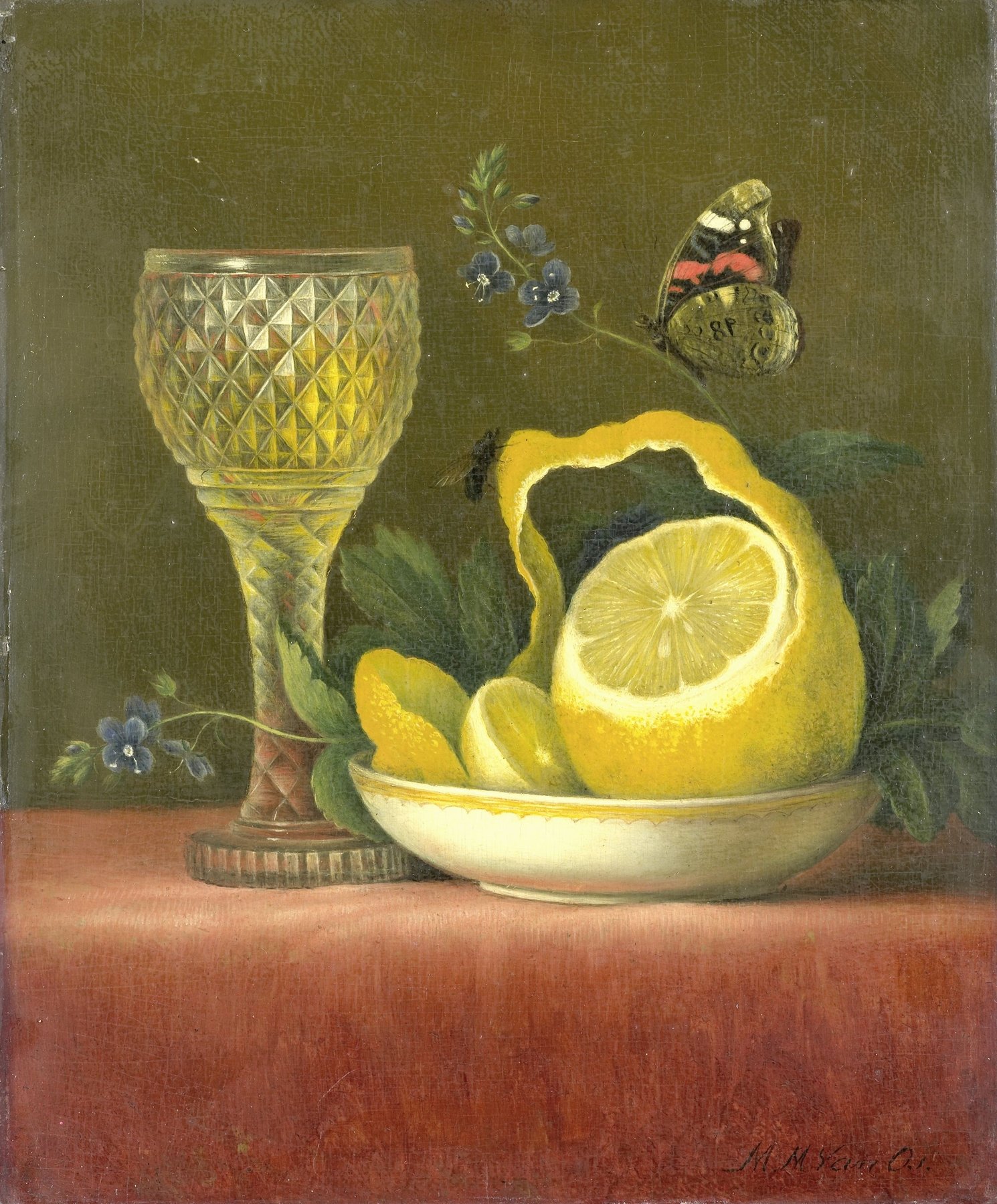 A painting of a half-peeled lemon next to a cut glass and a butterfly