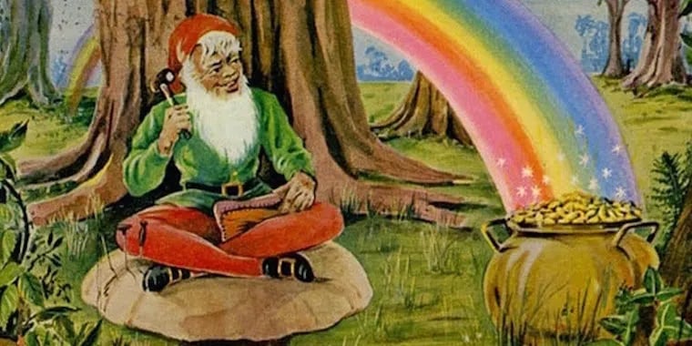 An illustration of a leprechaun sitting on a rock in a forest with a pot of gold at the end of a rainbow. The leprechaun is wearing a green jacket, red pants, and a red hat. He is holding a pipe in his hand. The pot of gold is overflowing with coins and is at the end of a rainbow that is arching over the trees. The background is a forest with trees and grass.