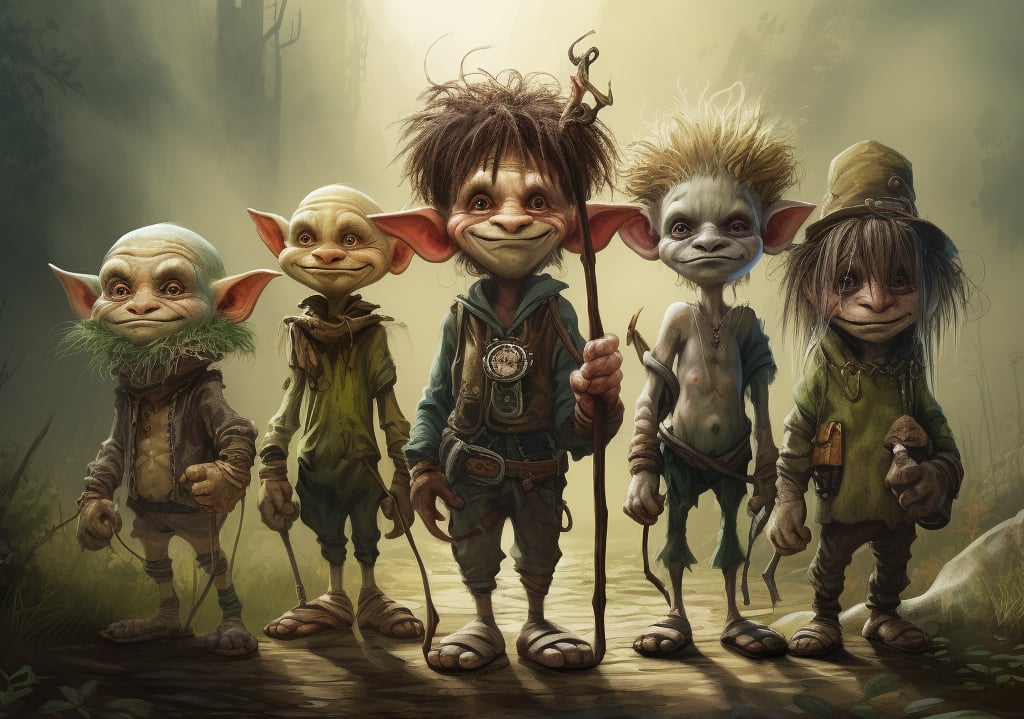 A digital art image of a group of five fantastical creatures in a forest setting. The creatures are humanoid in shape and are wearing tattered clothing. The creature on the left is wearing a green hat and carrying a backpack. The creature in the center is holding a staff with a skull on top. The creature on the right is wearing a hooded cloak and carrying a large sack. The background consists of trees and fog.