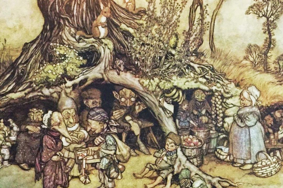 An illustration of a group of mythical little people in medieval clothing at a market, under a large tree with a hollow trunk. The tree serves as a shelter for some of the people, who are trading, eating, sleeping, and playing music. There are baskets of fruit and other food items scattered around the scene.