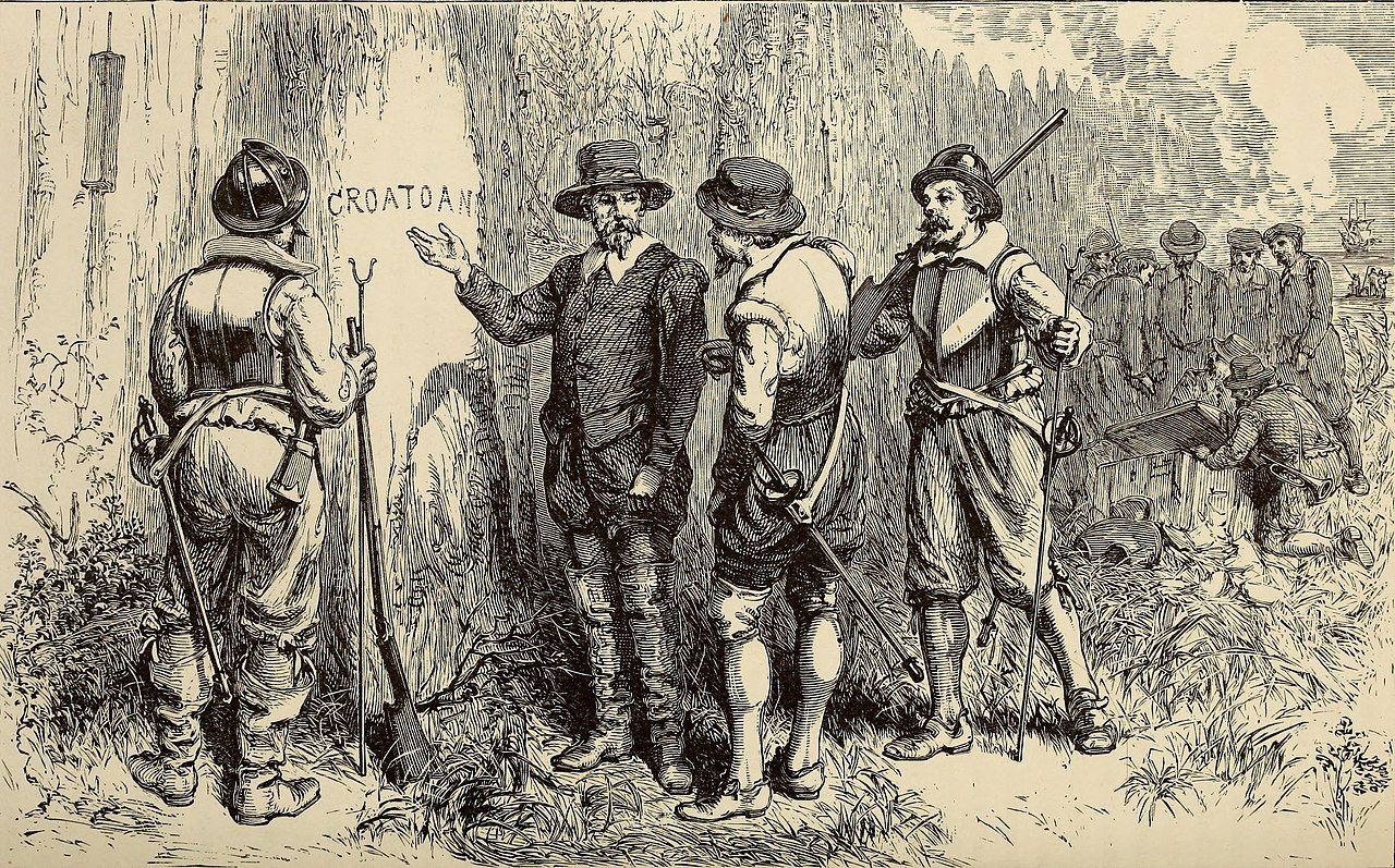 The image portrays John White's return to the deserted Roanoke Colony in 1590. It shows a distinctively built palisade, not present when White left in 1587, and the inscription "CROATOAN" near the entrance. White is seen explaining to his crew the significance of the message, implying relocation of the colony, but with their inability to further investigate on Croatoan Island.