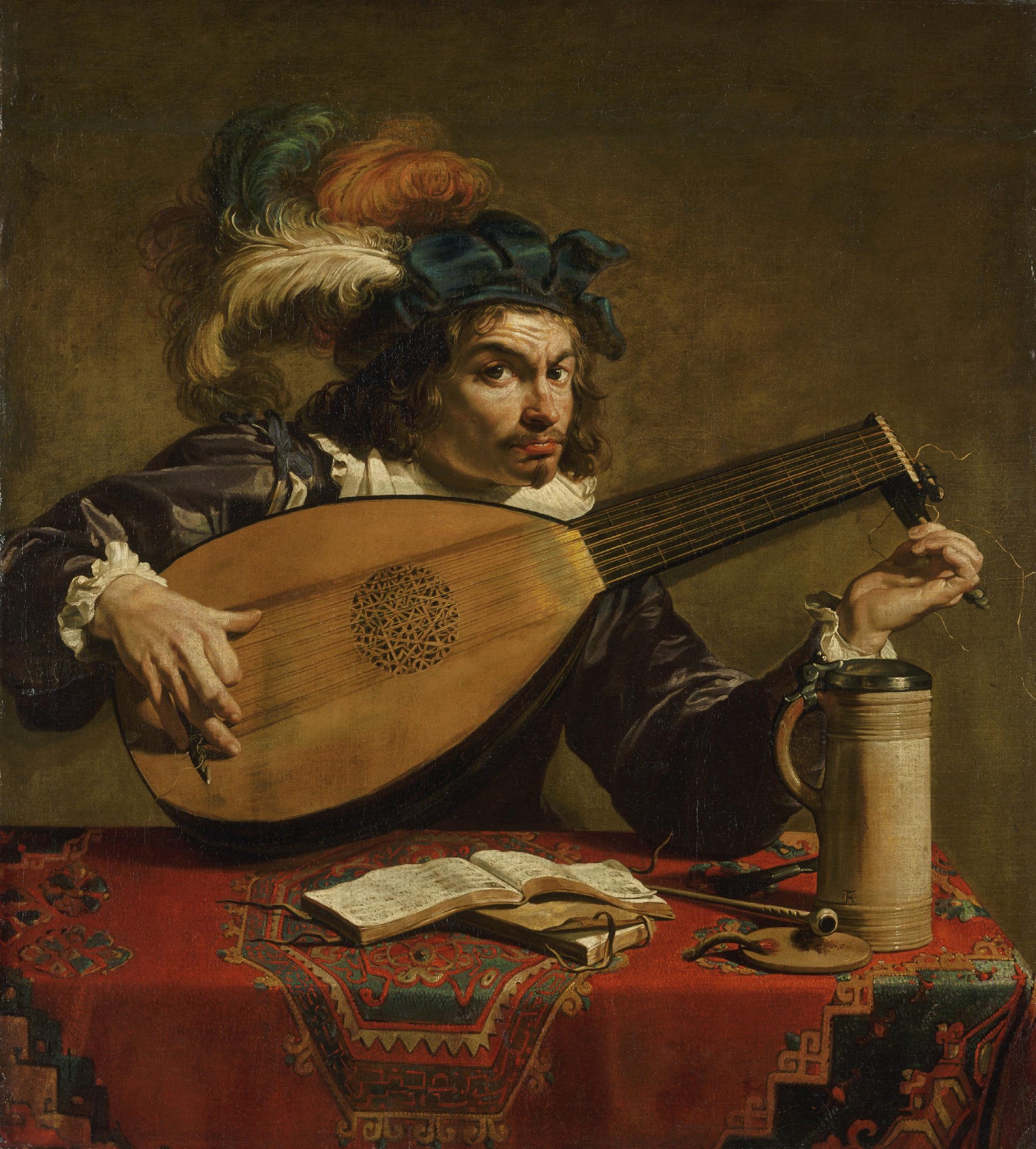 A painting of a renaissance period musician with feathers in his cap, tuning his lute.