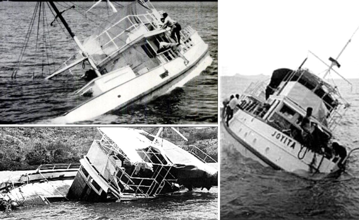 A collage of photograph from multiple angles, showcasing the Joyita, a small vessel, in the water listing to one side.