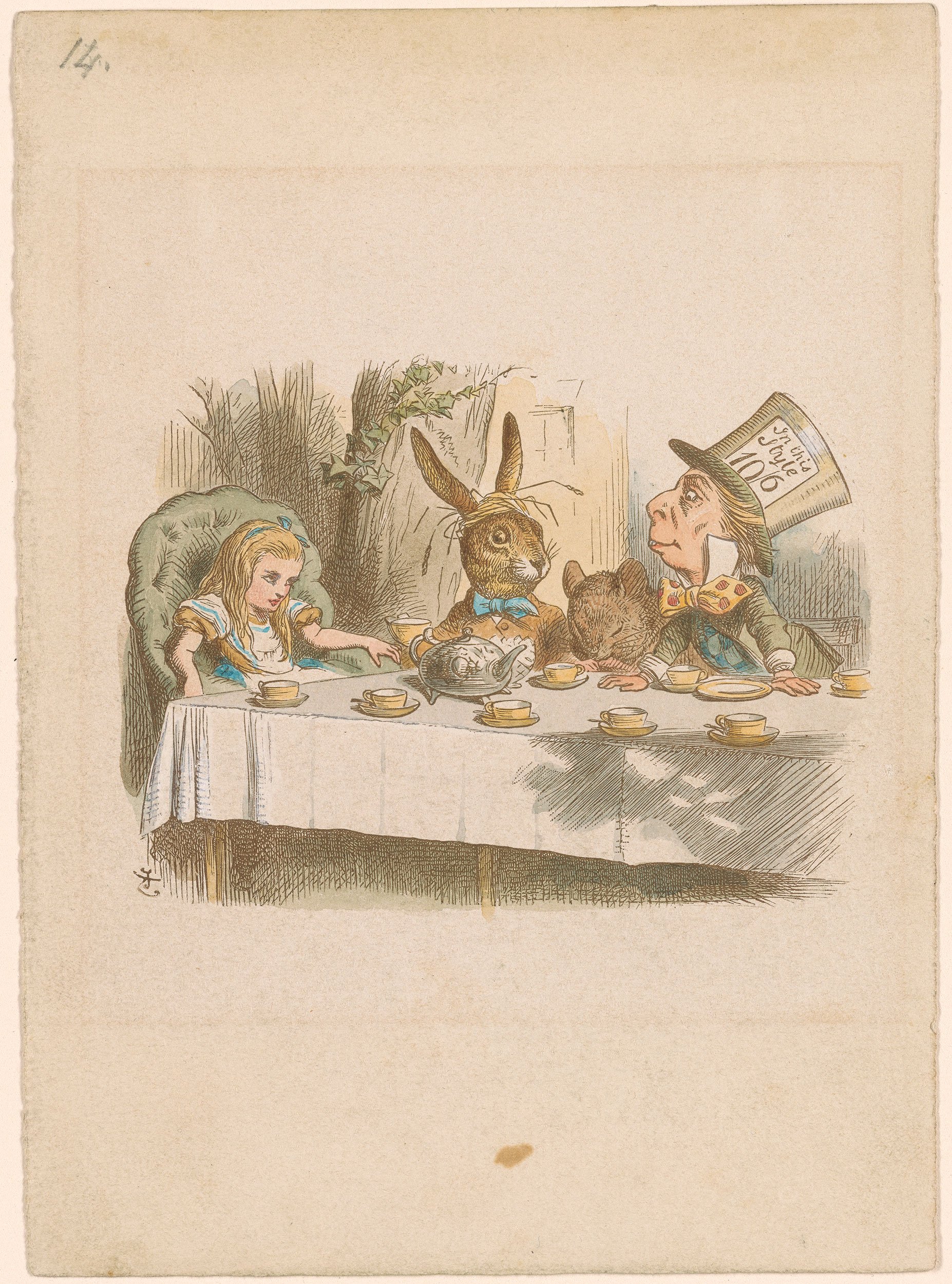 An illustration of the Mad Hatter hosting a tea party with Alice at the head of the table and various animal guests seated next to her.