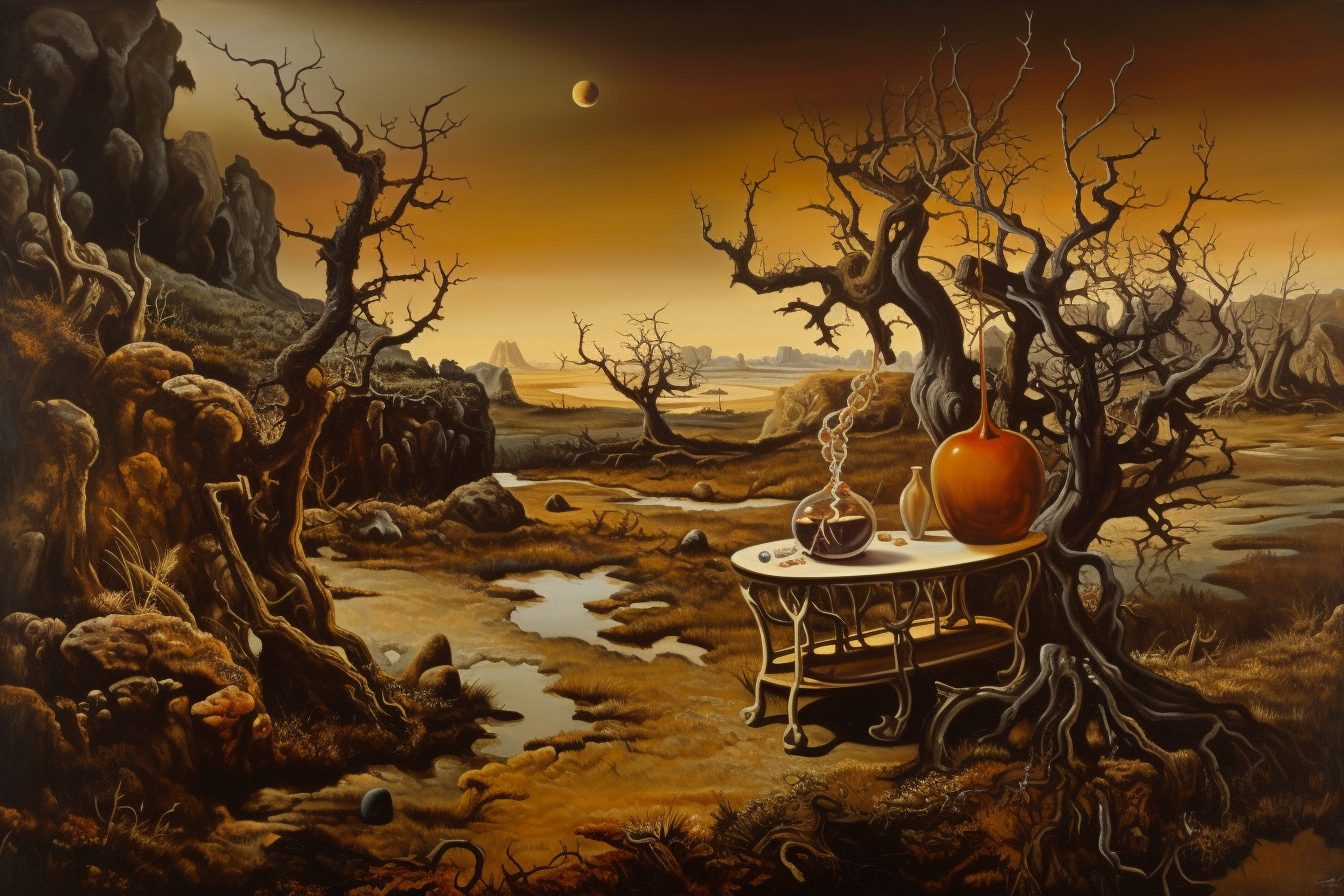 A painting depicting dead trees in a surreal landscape setting