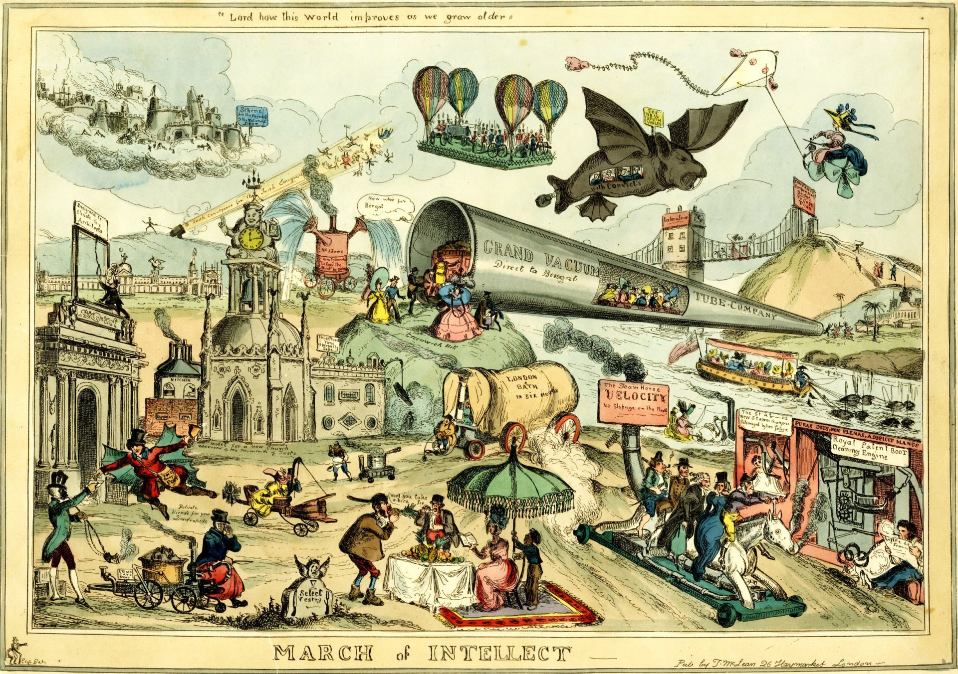 “March of Intellect” illustration celebrates the progress and innovation of humanity. The illustration is full of colorful and fantastical elements, such people flying using wings, and a giant grand vacuum tube transporting people. The sky is filled with clouds and flying creatures, some of whom are also carrying banners and signs. The note on top of the image reads “Look how the world improves as we grow older”, suggesting a positive and optimistic view of the future. The illustration is a creative and humorous representation of the human intellect and its achievements.