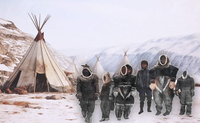A collage of an Inuit settlement consisting of a few teepees, overlaid with the figures of a few Inuit people dressed in their traditional fur coats.