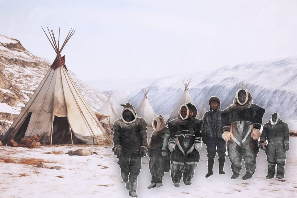 A collage of an Inuit settlement consisting of a few teepees, overlaid with the figures of a few Inuit people dressed in their traditional fur coats.