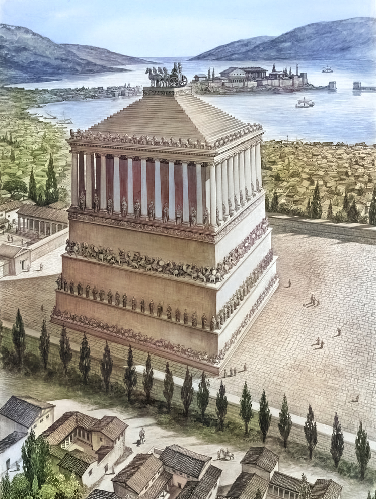 An illustration of the Mausoleum at Halicarnassus, an ancient wonder of the world, with a city and a sea in the background.