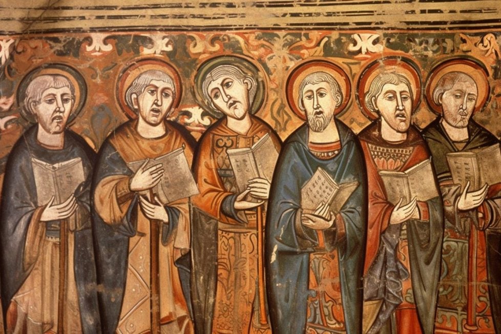 A fresco of a medieval choir with saintly halos around their heads