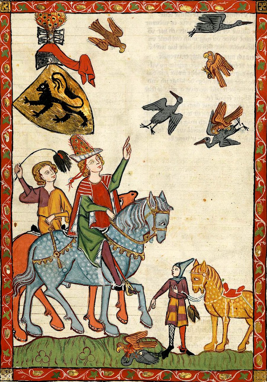 This medieval illustration shows a man on a horse followed by another man on horseback that is holding a feather over him. The man is pointing towards birds in the sky.