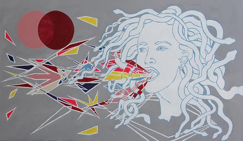 The painting suggests a different perspective on Medusa’s fate. The artist uses abstract shapes and colors to convey Medusa’s emotions and thoughts. The painting shows Medusa’s feelings and thoughts through abstract shapes and colors. The red circle is her pain, anger, and blood. The colorful lines and shapes are her diversity, creativity, and intelligence. The painting challenges the stereotype of Medusa as a monster and invites the viewer to imagine her story.