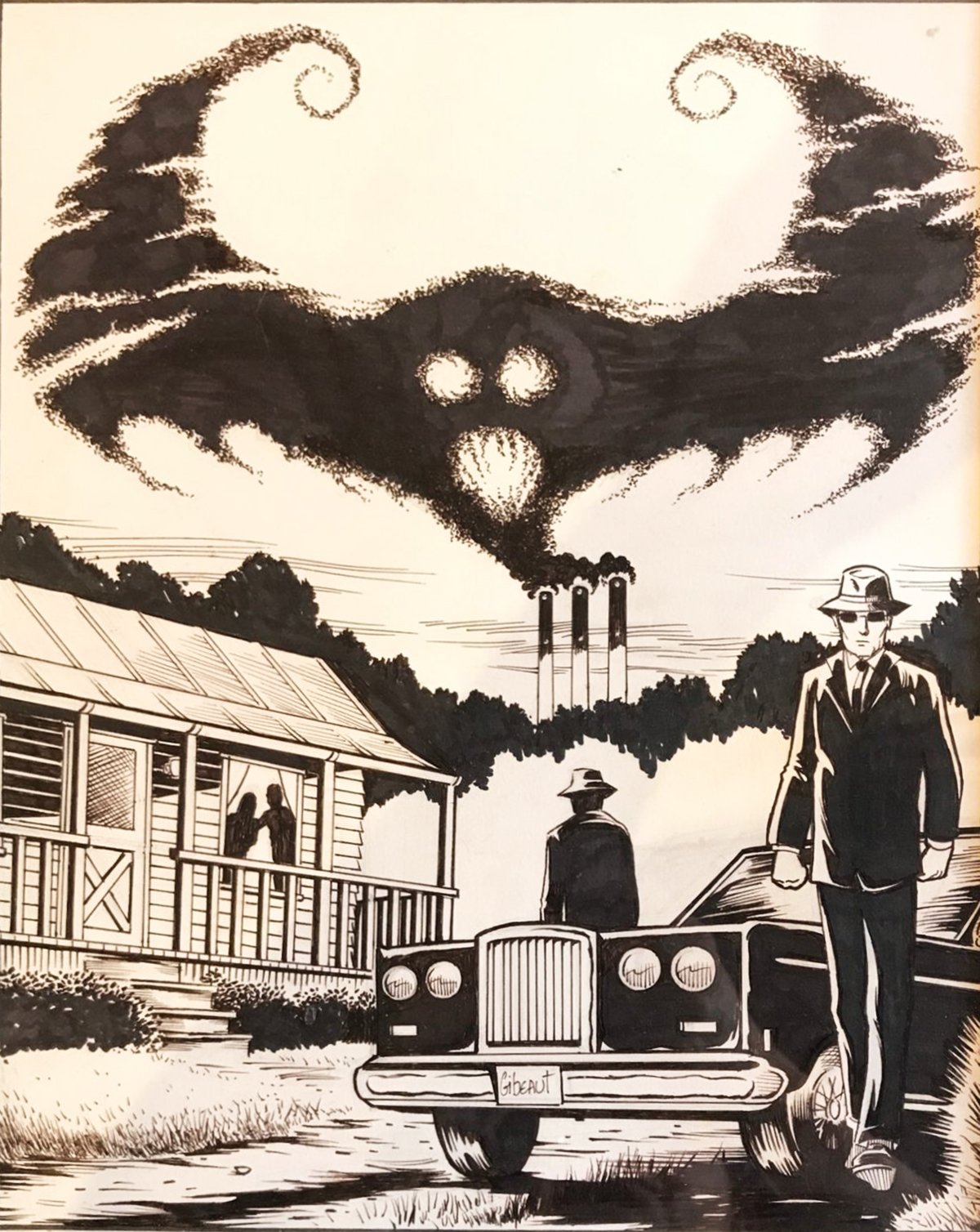 A black and white illustration of a man in a suit and hat standing next to a vintage car in front of a wooden house, with a giant moth-like creature looming in the sky. Signed by Braut.
